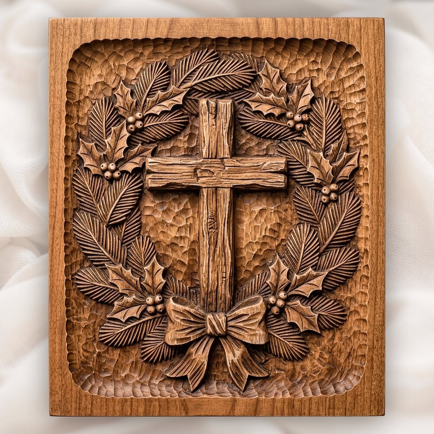 Rustic Cross Wreath CNC Relief STL | Christian Wall Art Panel | Religious Wood Carving Design — carved bas relief STL file for CNC