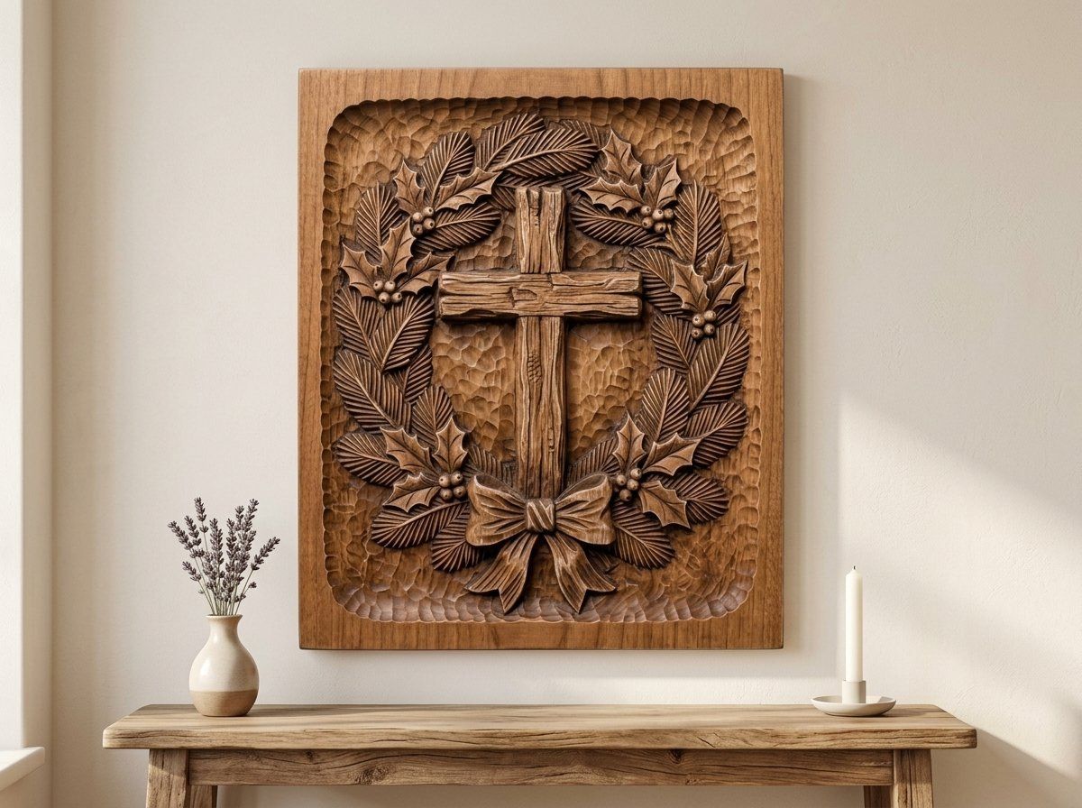 Rustic Cross Wreath CNC Relief STL bas-relief STL — view 13