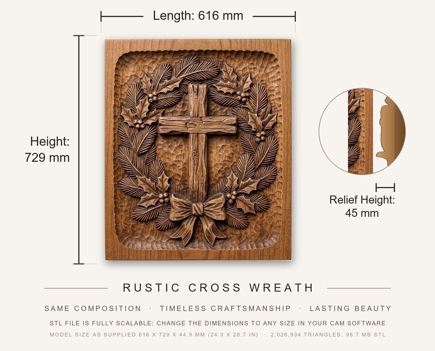 Rustic Cross Wreath CNC Relief STL bas-relief STL — view 3