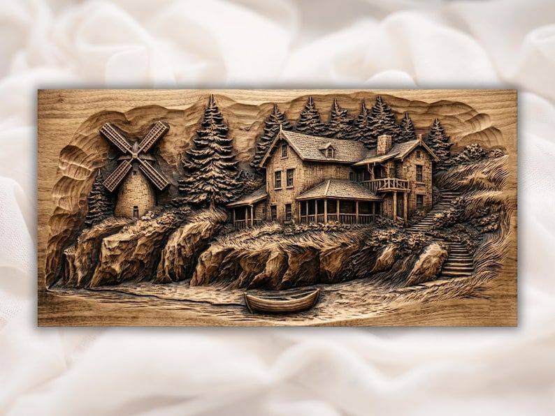Carved wood relief of a lakeside cottage with a windmill, pine trees, rocky cliffs, and a small rowboat