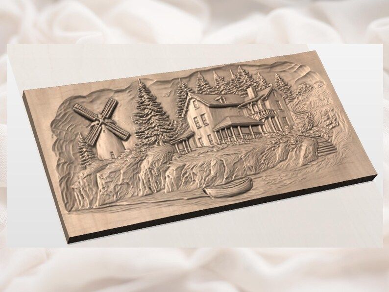Lakeside Windmill Cottage With Pines and Rowboat Relief STL bas-relief STL — view 2