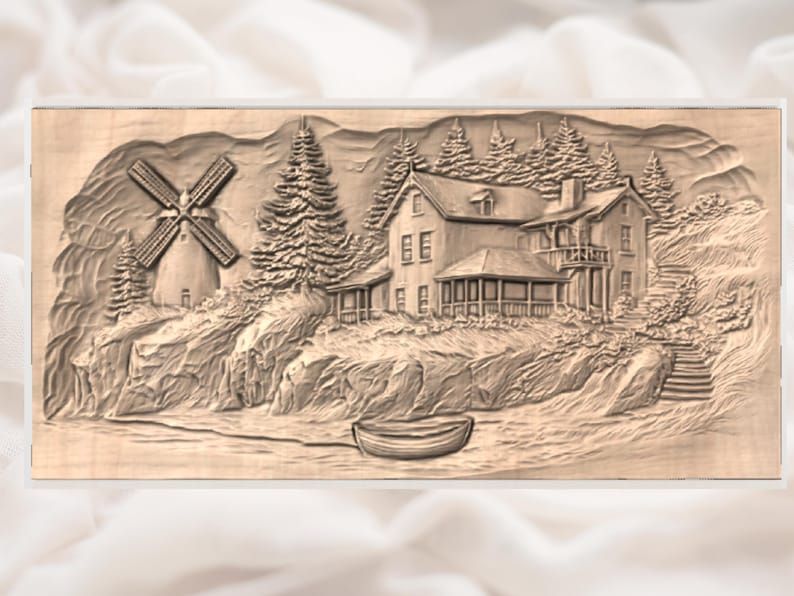 Lakeside Windmill Cottage With Pines and Rowboat Relief STL bas-relief STL — view 3