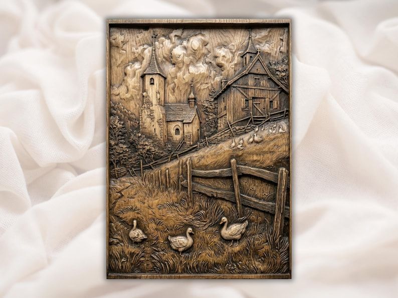 Carved wood relief of a hillside church, timber barn, split-rail fence, and three geese in country grass.