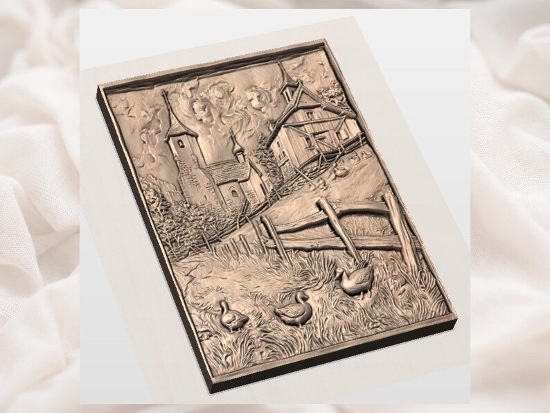 Hillside Church and Geese Village Bas-Relief STL Carving bas-relief STL — view 2