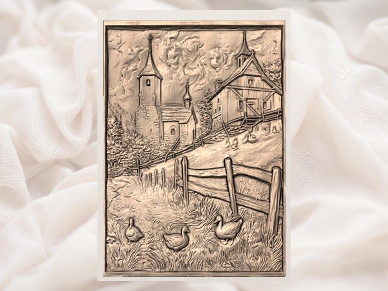 Hillside Church and Geese Village Bas-Relief STL Carving bas-relief STL — view 3