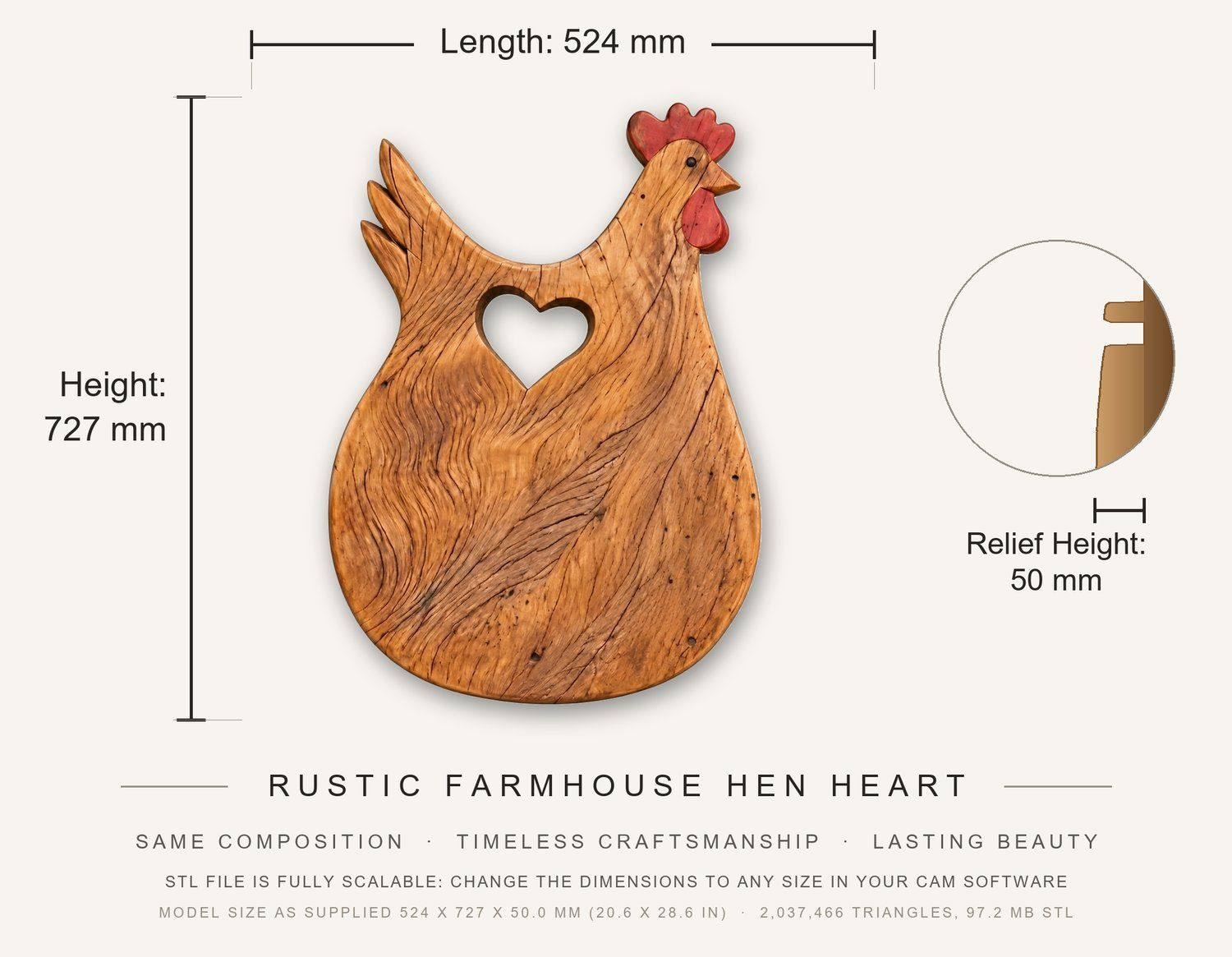 Rustic Farmhouse Hen Heart CNC Relief STL bas-relief STL — view 3