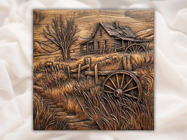 Bas-relief carving of an old prairie farmhouse, broken wagon wheel, bare tree, fence, and tall grass.