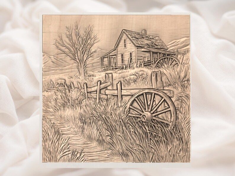 Abandoned Prairie Farmhouse and Wagon Wheel Bas-Relief STL bas-relief STL — view 2
