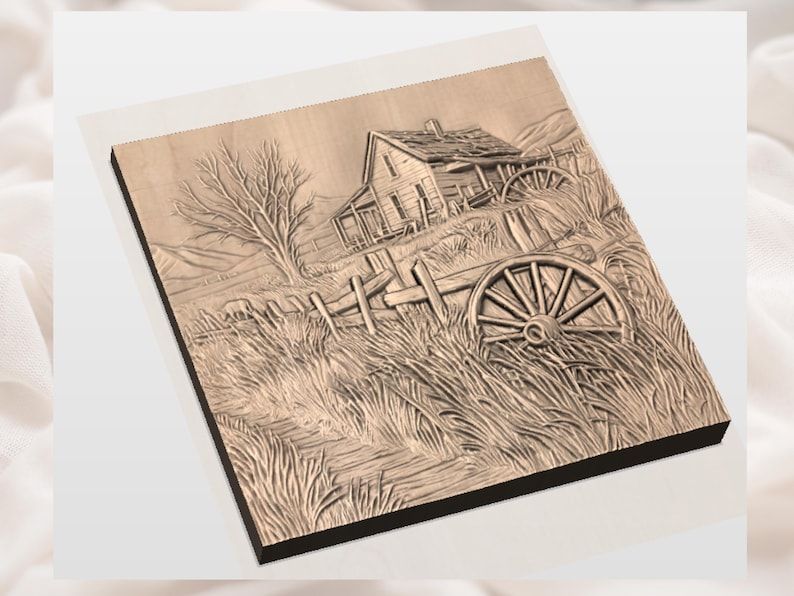 Abandoned Prairie Farmhouse and Wagon Wheel Bas-Relief STL bas-relief STL — view 3