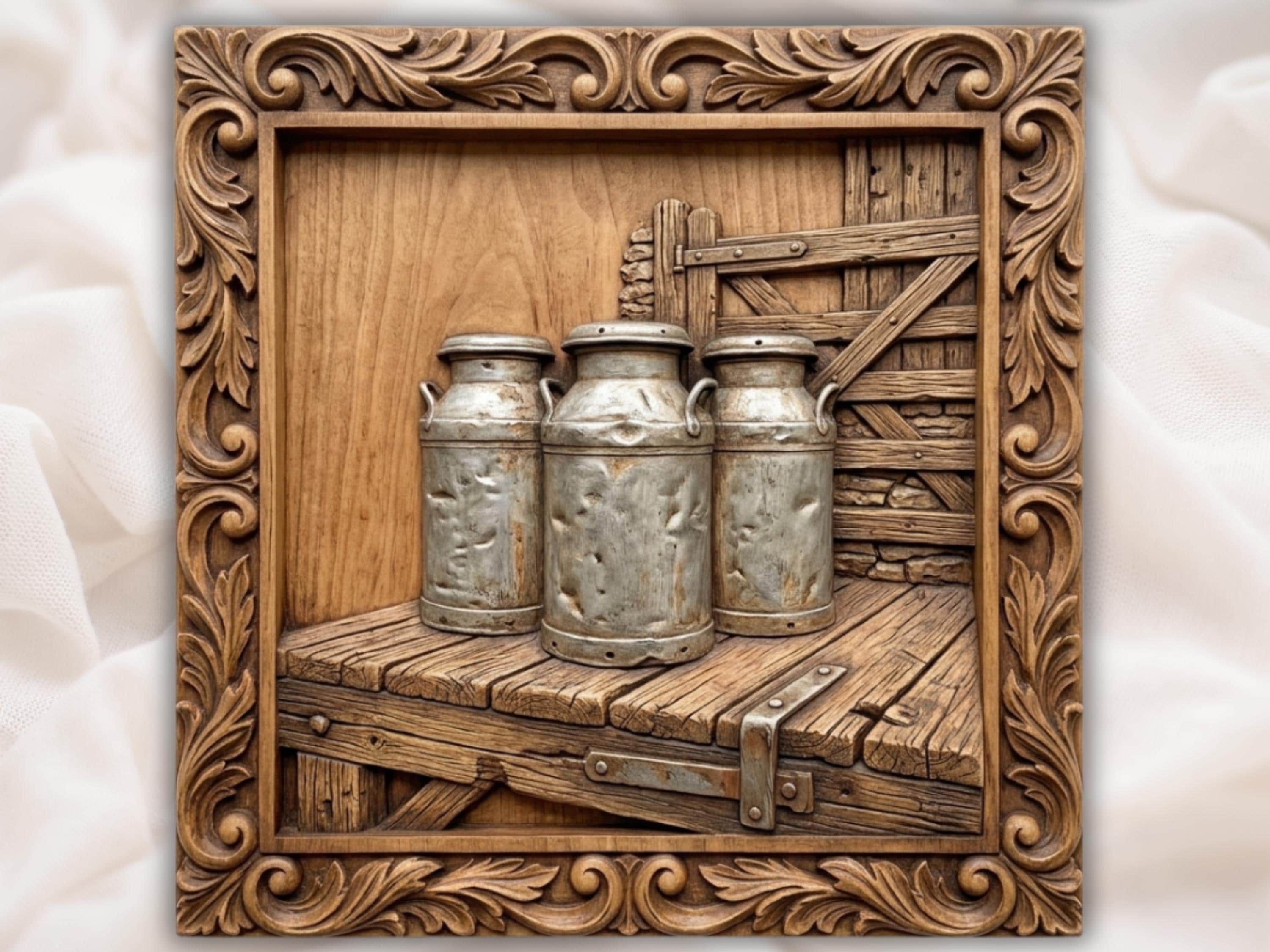 Rustic Farmhouse Milk Cans CNC relief bas-relief STL file for CNC router, laser engraver & 3D printing