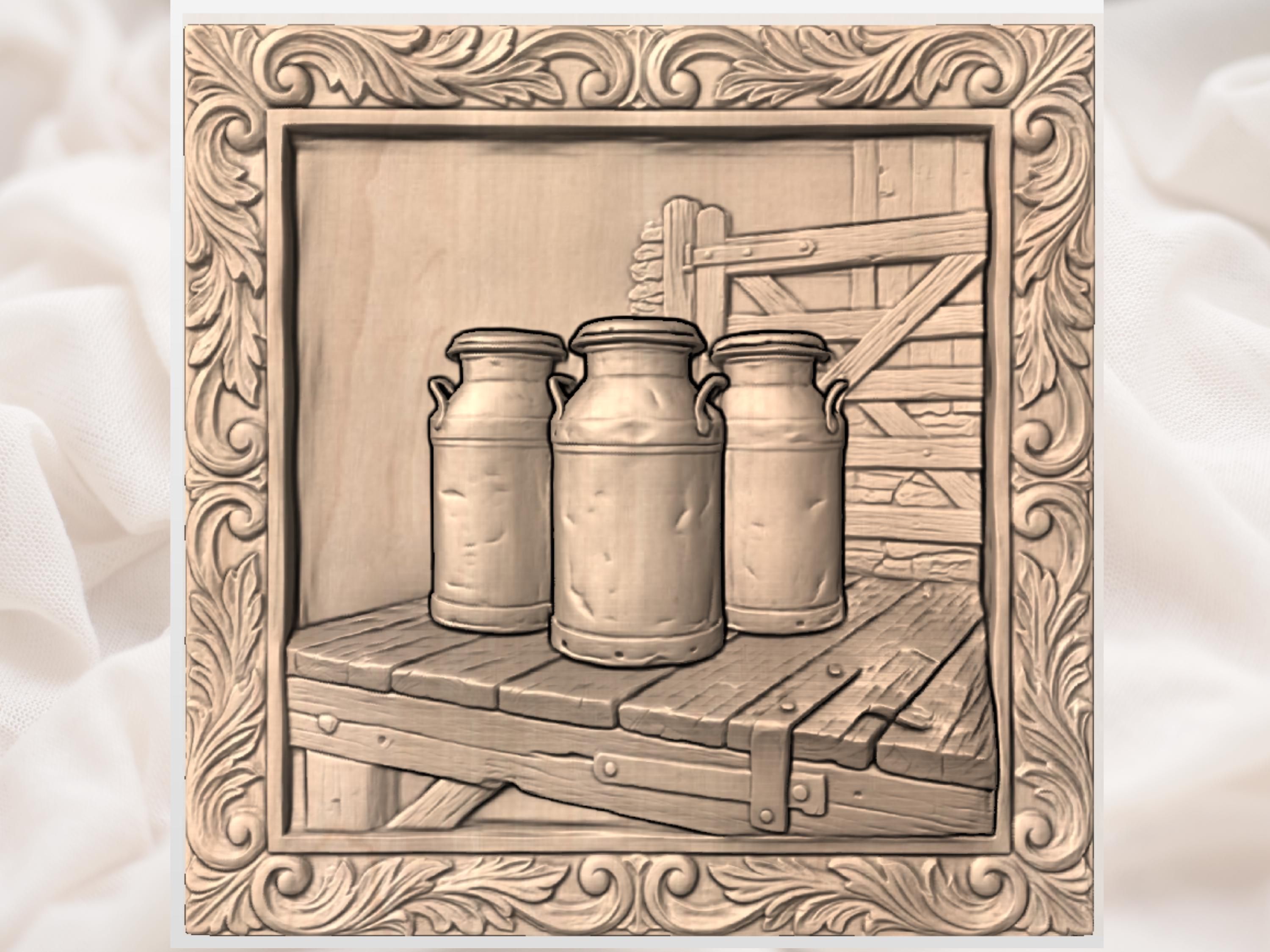 Rustic Farmhouse Milk Cans CNC relief bas-relief STL — view 3