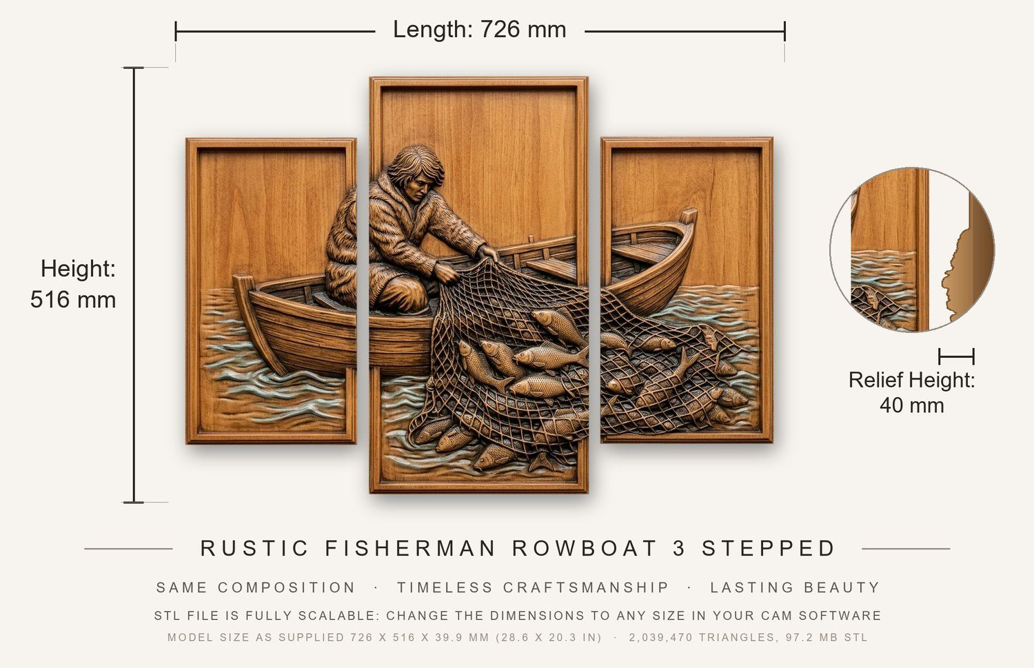 Rustic Fisherman Rowboat 3 Stepped Vertical Decor Panels CNC Relief STL bas-relief STL — view 3