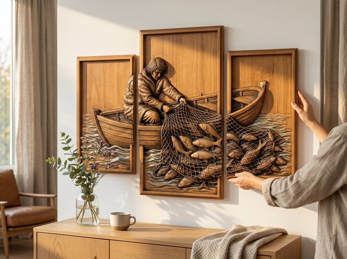 Rustic Fisherman Rowboat 3 Stepped Vertical Decor Panels CNC Relief STL bas-relief STL — view 10