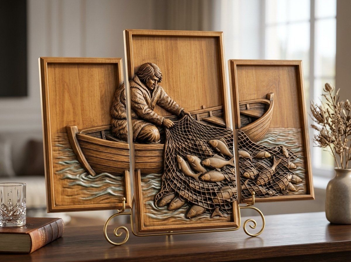 Rustic Fisherman Rowboat 3 Stepped Vertical Decor Panels CNC Relief STL bas-relief STL — view 11