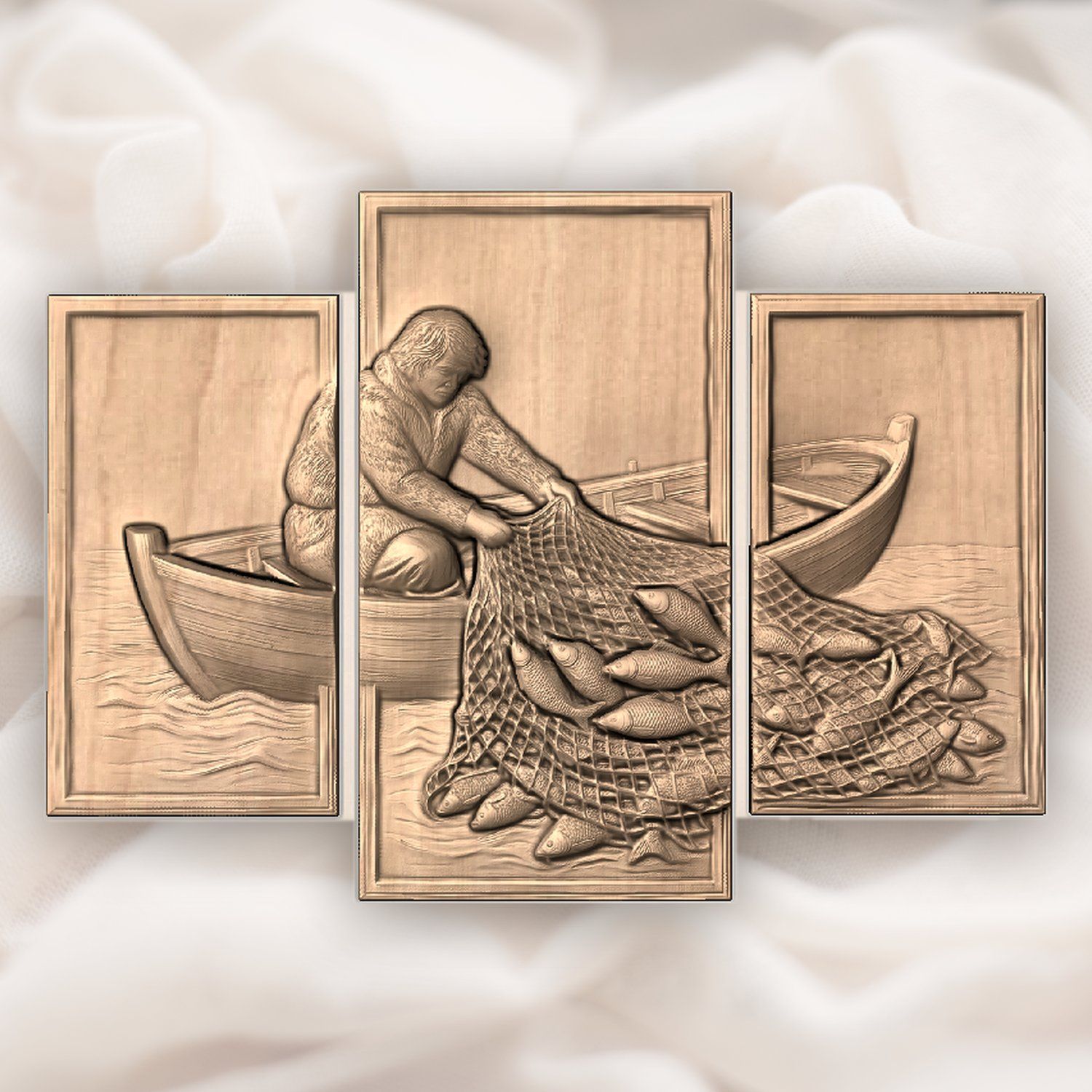 Rustic Fisherman Rowboat 3 Stepped Vertical Decor Panels CNC Relief STL bas-relief STL — view 4