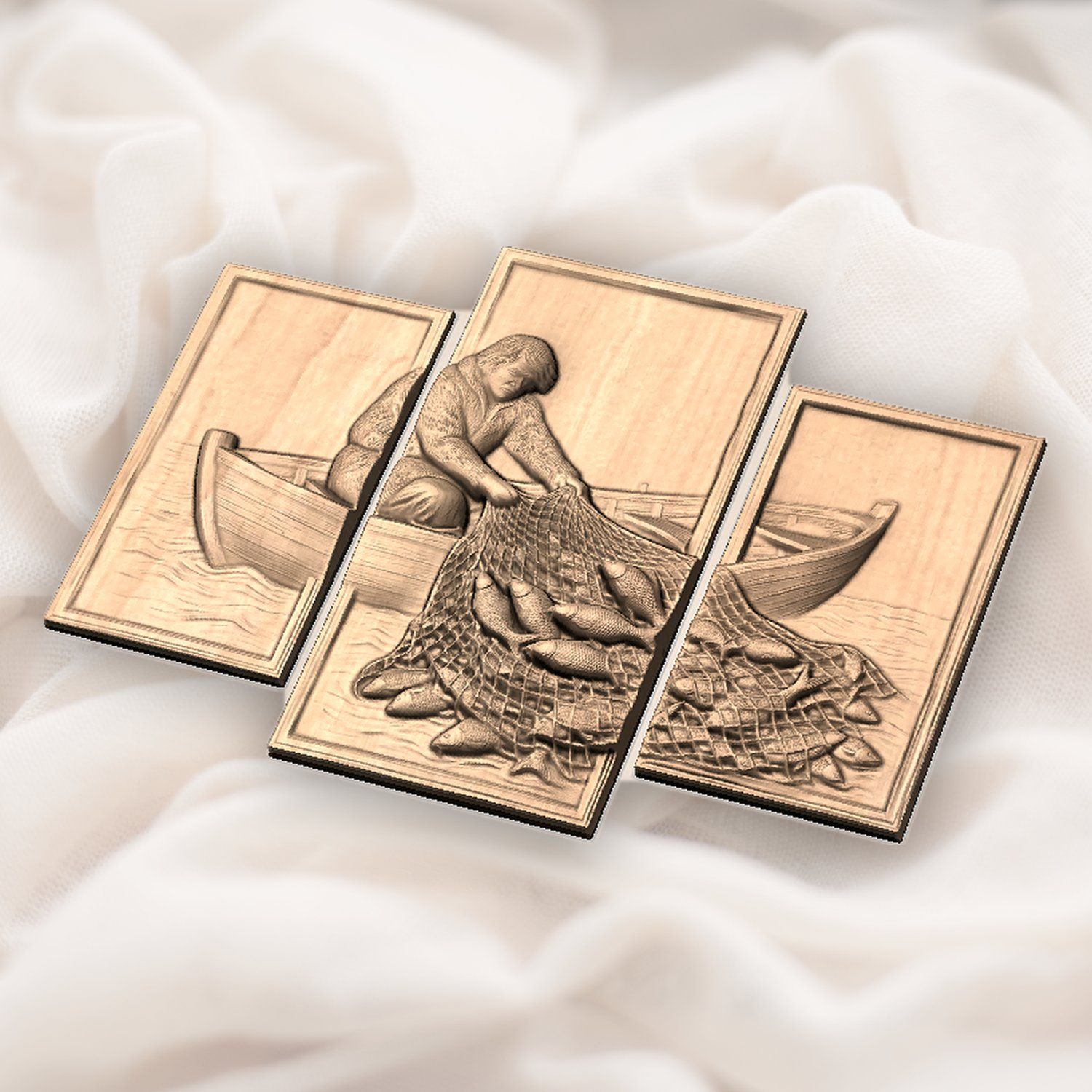 Rustic Fisherman Rowboat 3 Stepped Vertical Decor Panels CNC Relief STL bas-relief STL — view 5
