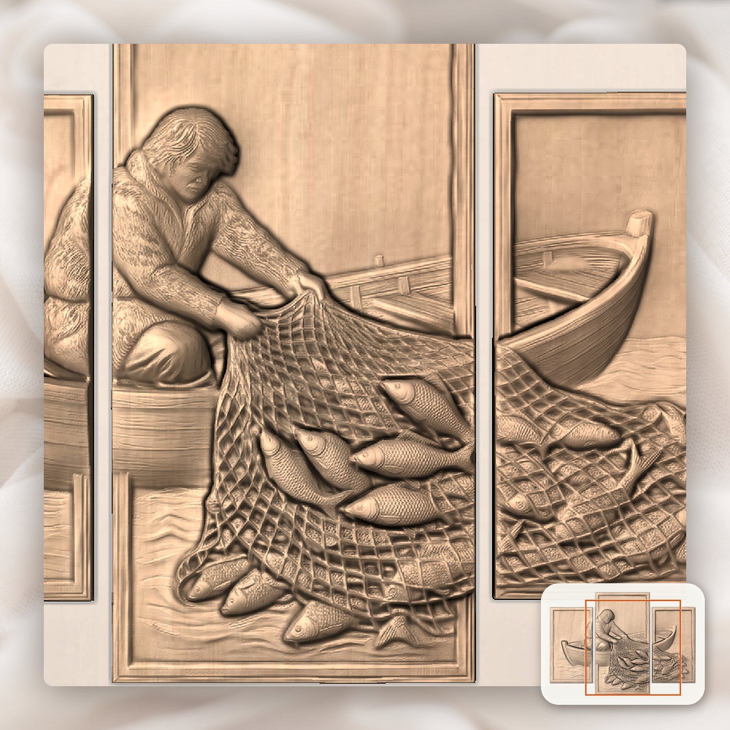 Rustic Fisherman Rowboat 3 Stepped Vertical Decor Panels CNC Relief STL bas-relief STL — view 6