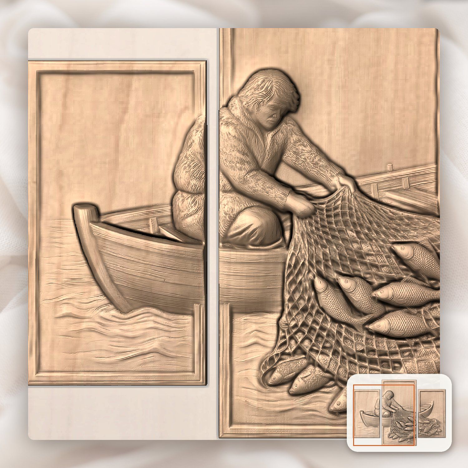 Rustic Fisherman Rowboat 3 Stepped Vertical Decor Panels CNC Relief STL bas-relief STL — view 7