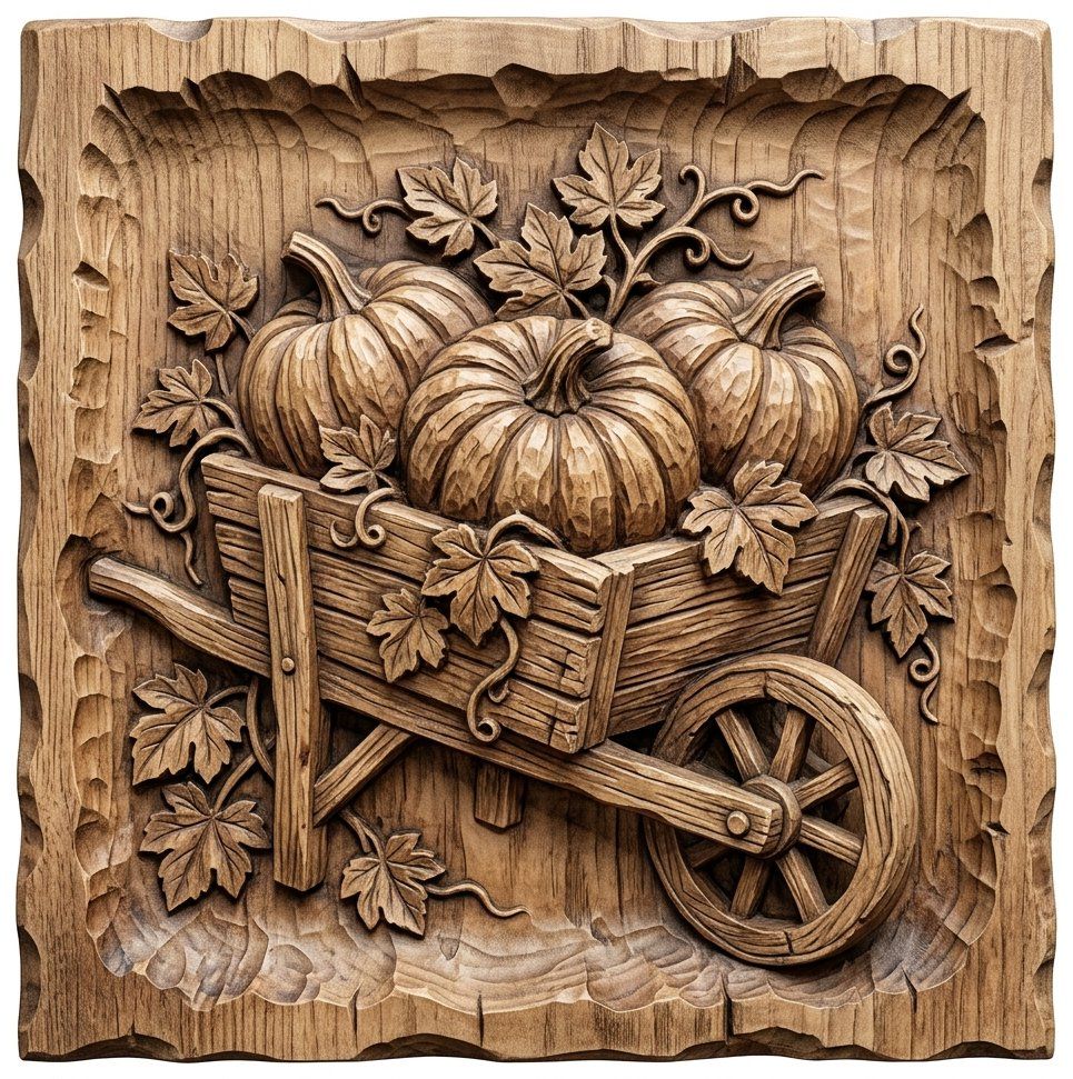 Rustic Harvest Pumpkins Wheelbarrow CNC Relief STL | Autumn Farmhouse Decor | Thanksgiving Wood Carving Design | Fall Wall Art — carved bas relief STL file for CNC