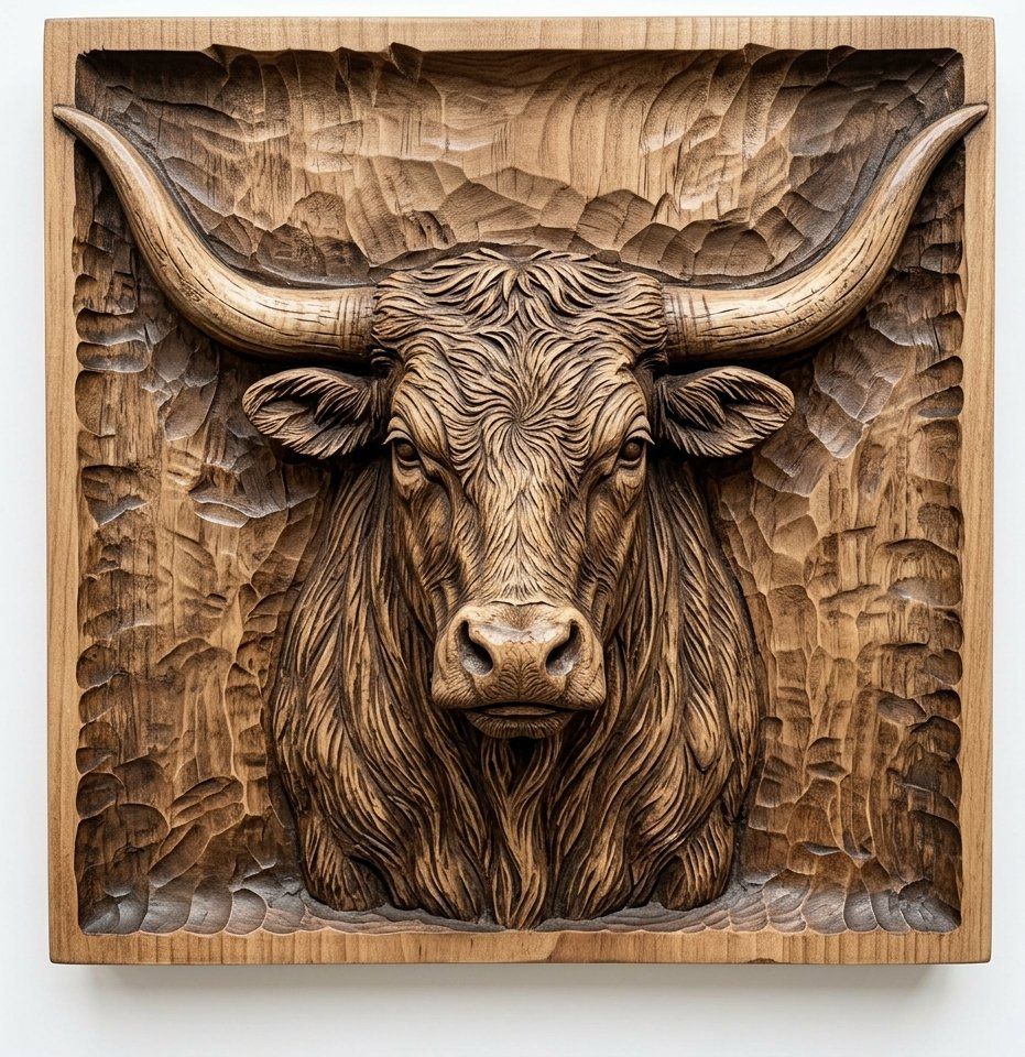 Rustic Highland Bull Wall Art Panel | Western Longhorn Carved Wood Decor | Farmhouse Wildlife Relief | Aspire VCarve Pro Carveco ArtCAM — carved bas relief STL file for CNC