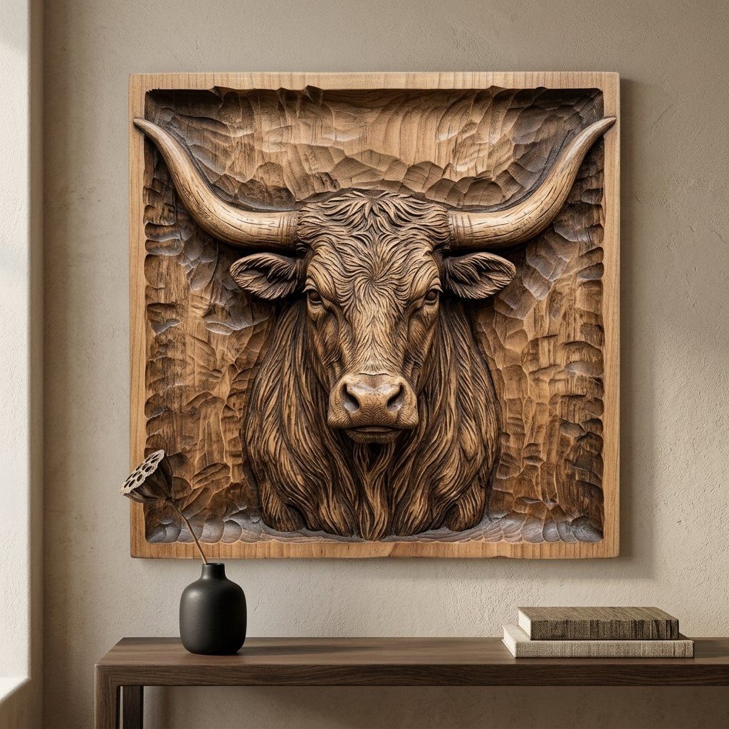Rustic Highland Bull Wall Art Panel bas-relief STL — view 5