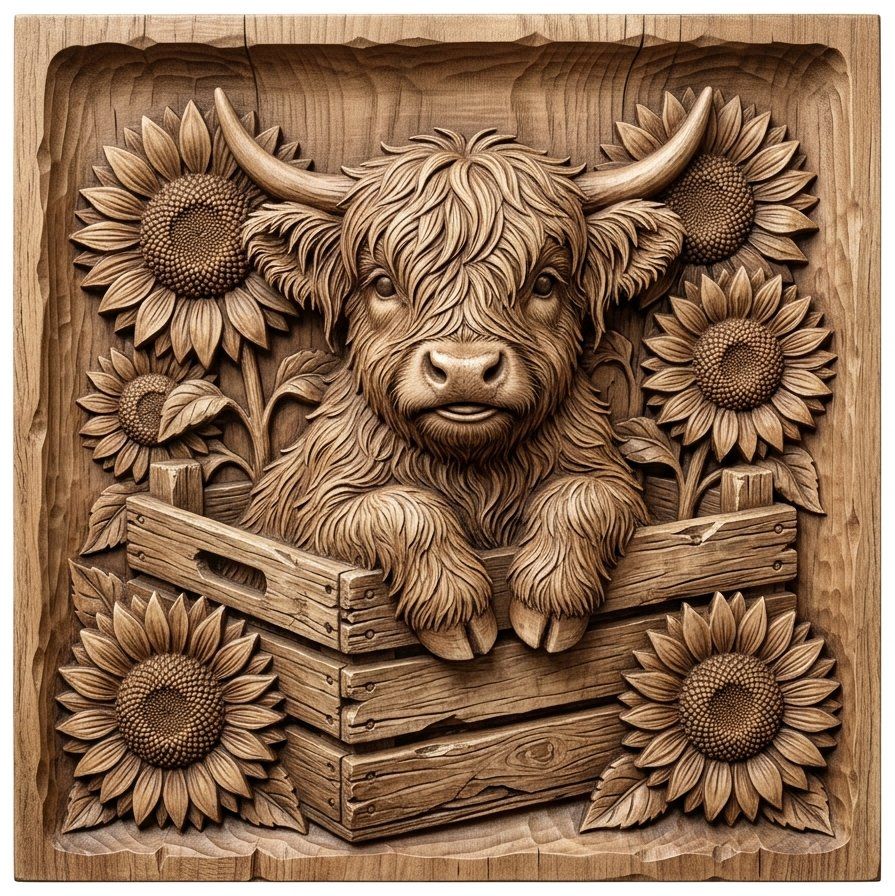 Rustic Highland Cow Sunflower Farmhouse Decor CNC Relief STL | Wood Carving Wall Art Panel | Country Floral Cow Relief Design — carved bas relief STL file for CNC