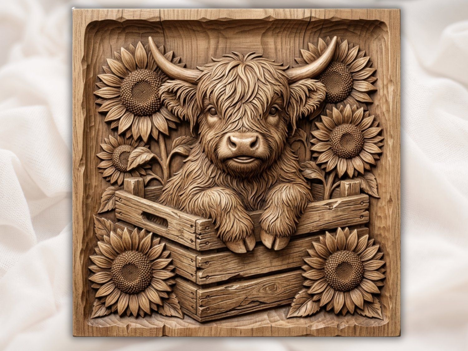 Rustic Highland Cow Sunflower Farmhouse Decor CNC Relief STL bas-relief STL — view 2