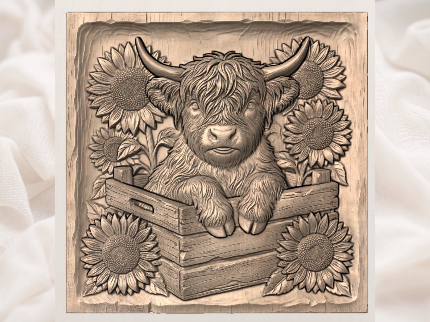 Rustic Highland Cow Sunflower Farmhouse Decor CNC Relief STL bas-relief STL — view 3