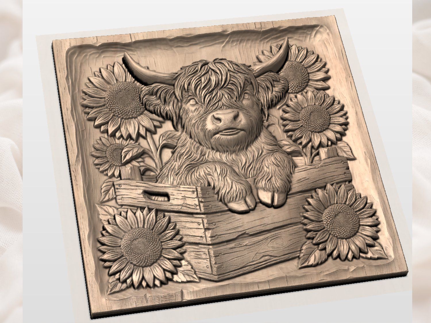 Rustic Highland Cow Sunflower Farmhouse Decor CNC Relief STL bas-relief STL — view 4