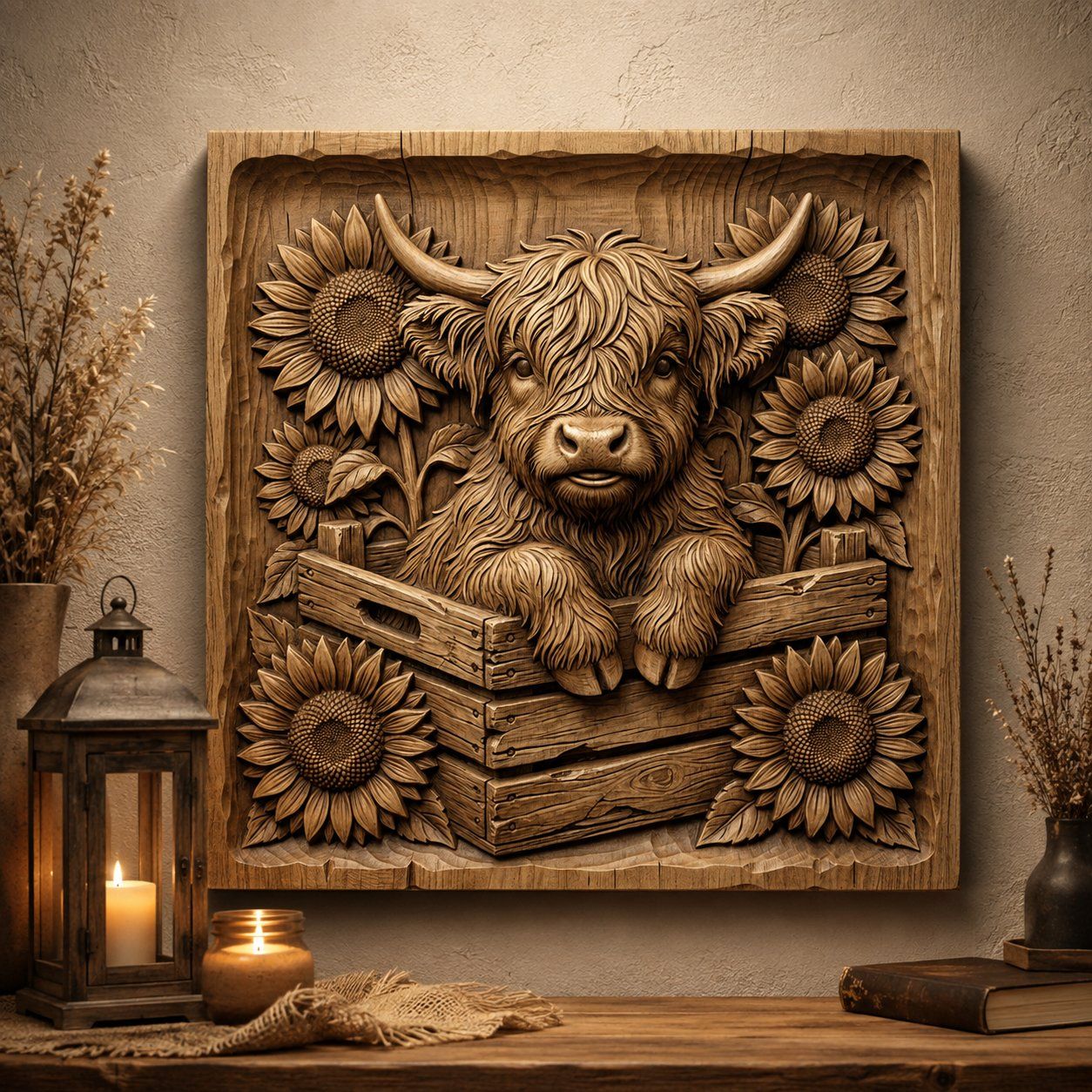 Rustic Highland Cow Sunflower Farmhouse Decor CNC Relief STL bas-relief STL — view 6