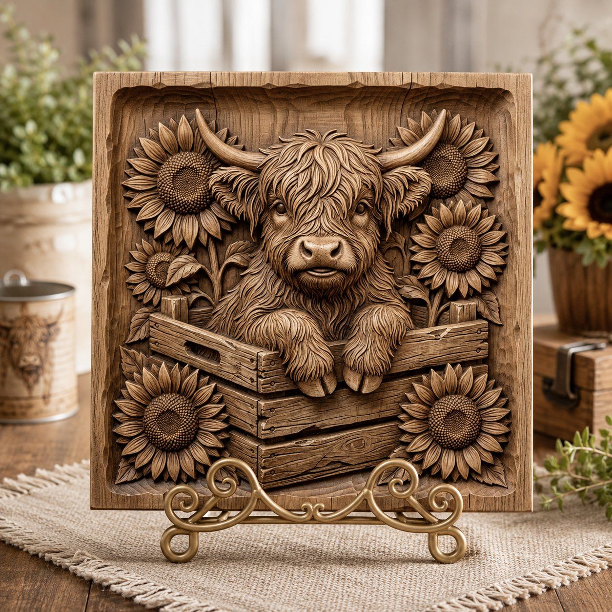Rustic Highland Cow Sunflower Farmhouse Decor CNC Relief STL bas-relief STL — view 7