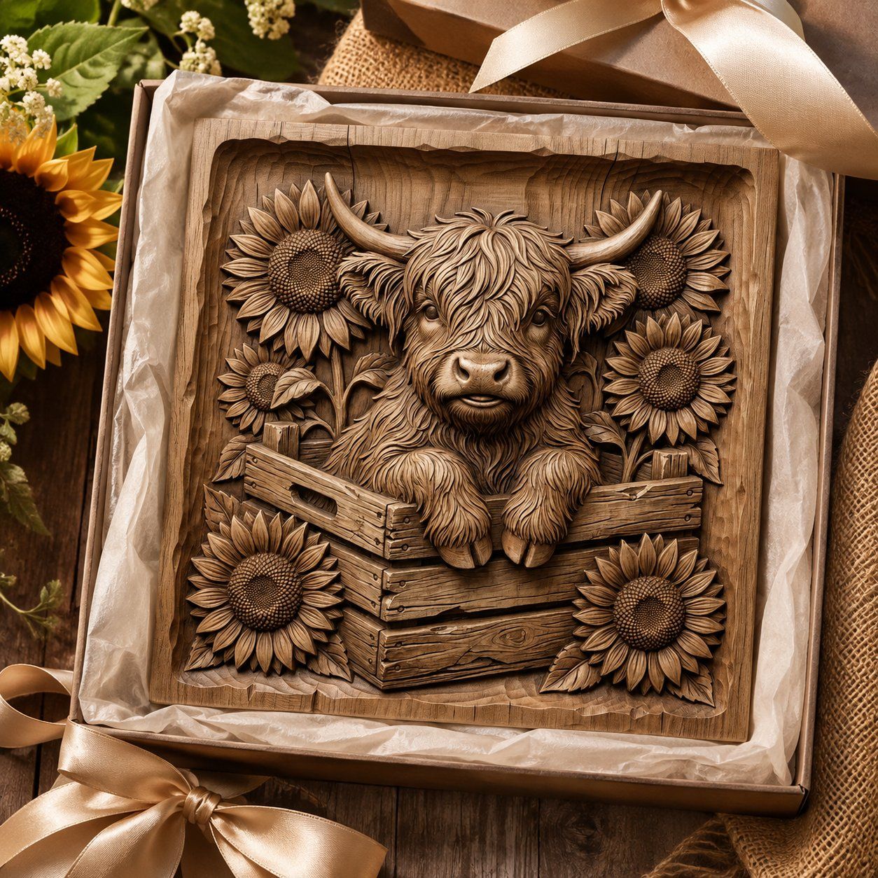 Rustic Highland Cow Sunflower Farmhouse Decor CNC Relief STL bas-relief STL — view 9