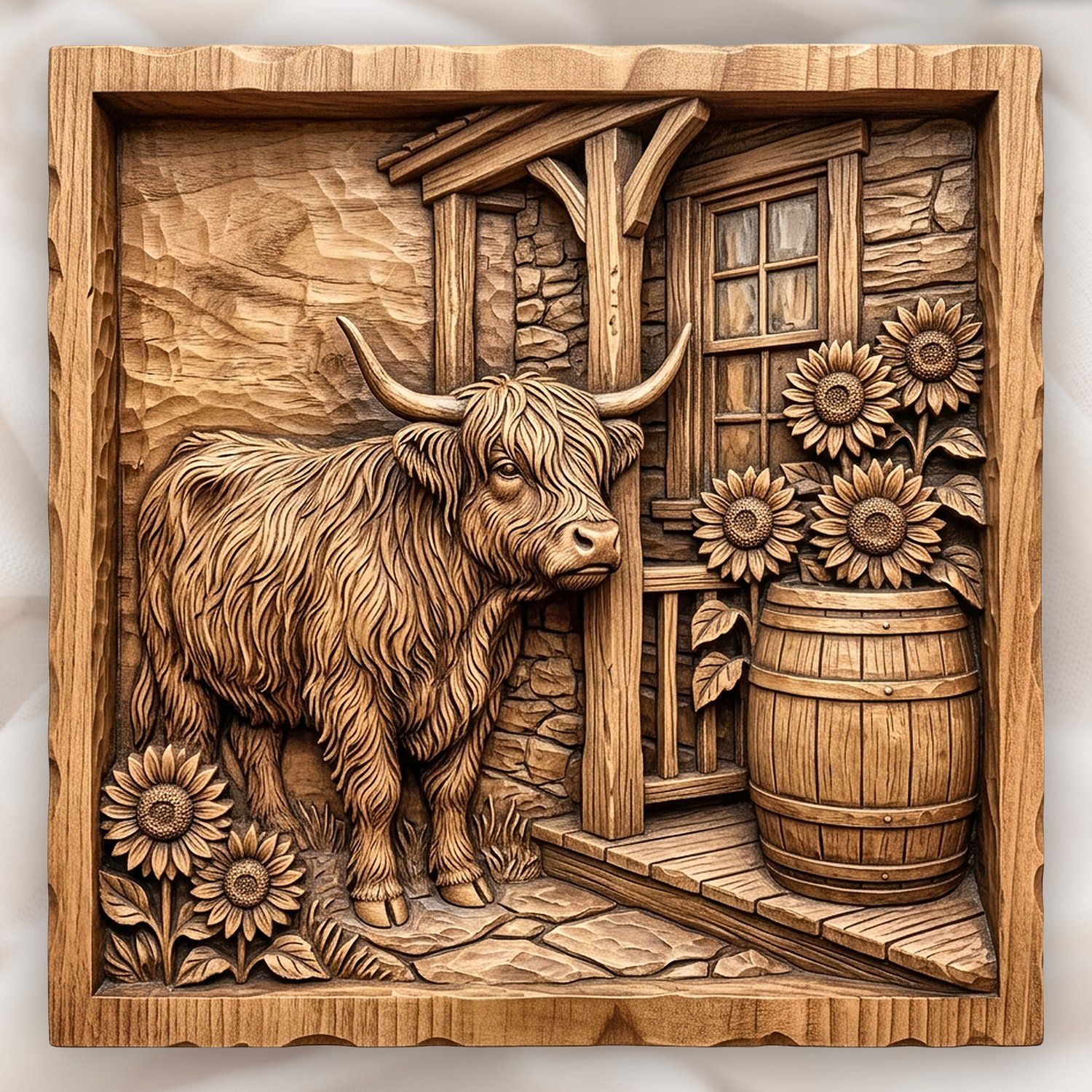 Rustic Highland Cow Sunflower Scene CNC Relief STL bas-relief STL design