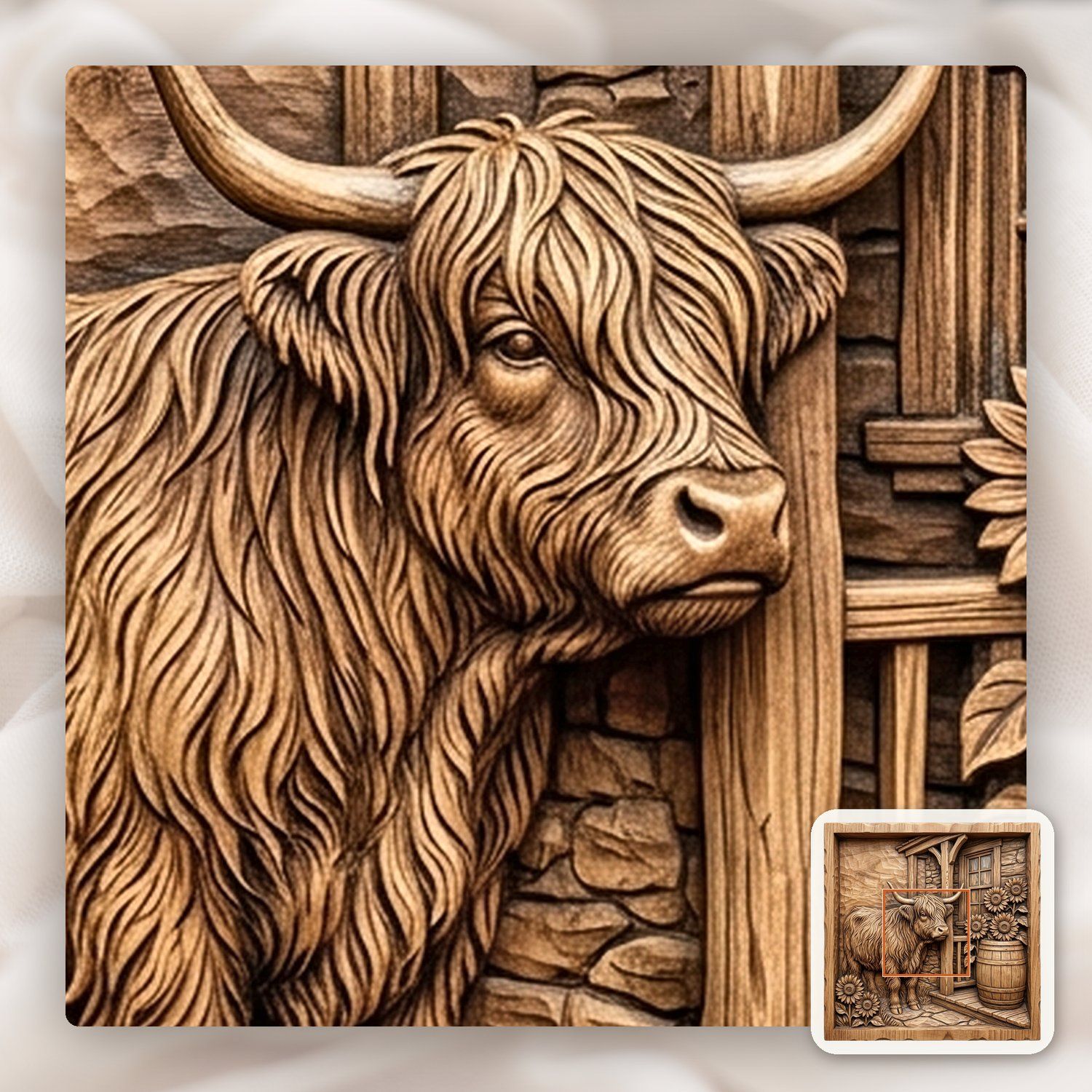 Rustic Highland Cow Sunflower Scene CNC Relief STL bas-relief STL — view 11