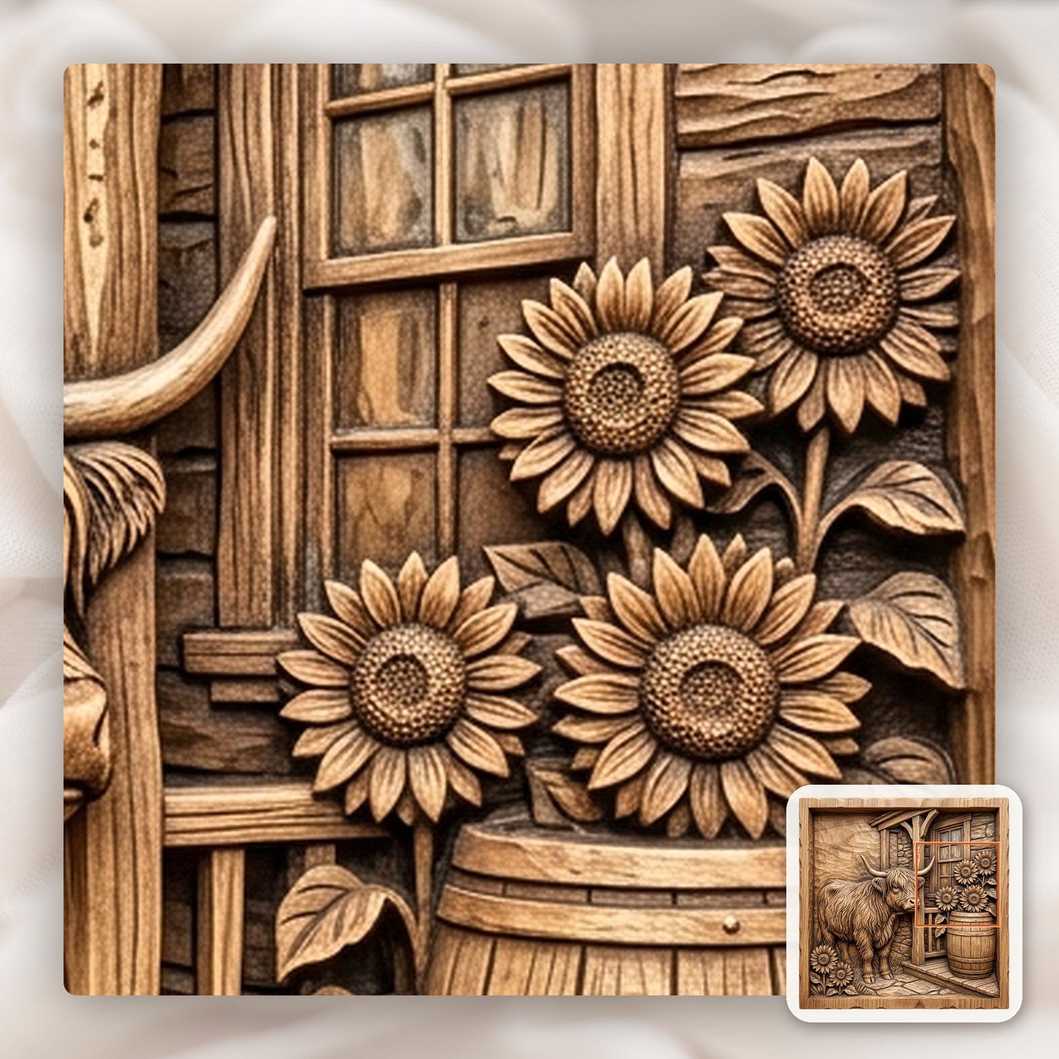 Rustic Highland Cow Sunflower Scene CNC Relief STL bas-relief STL — view 12
