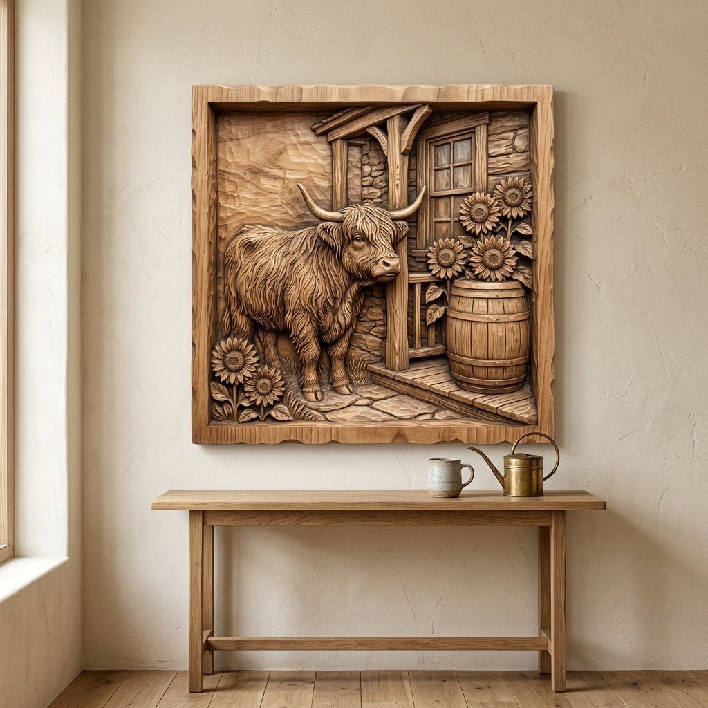 Rustic Highland Cow Sunflower Scene CNC Relief STL bas-relief STL — view 13