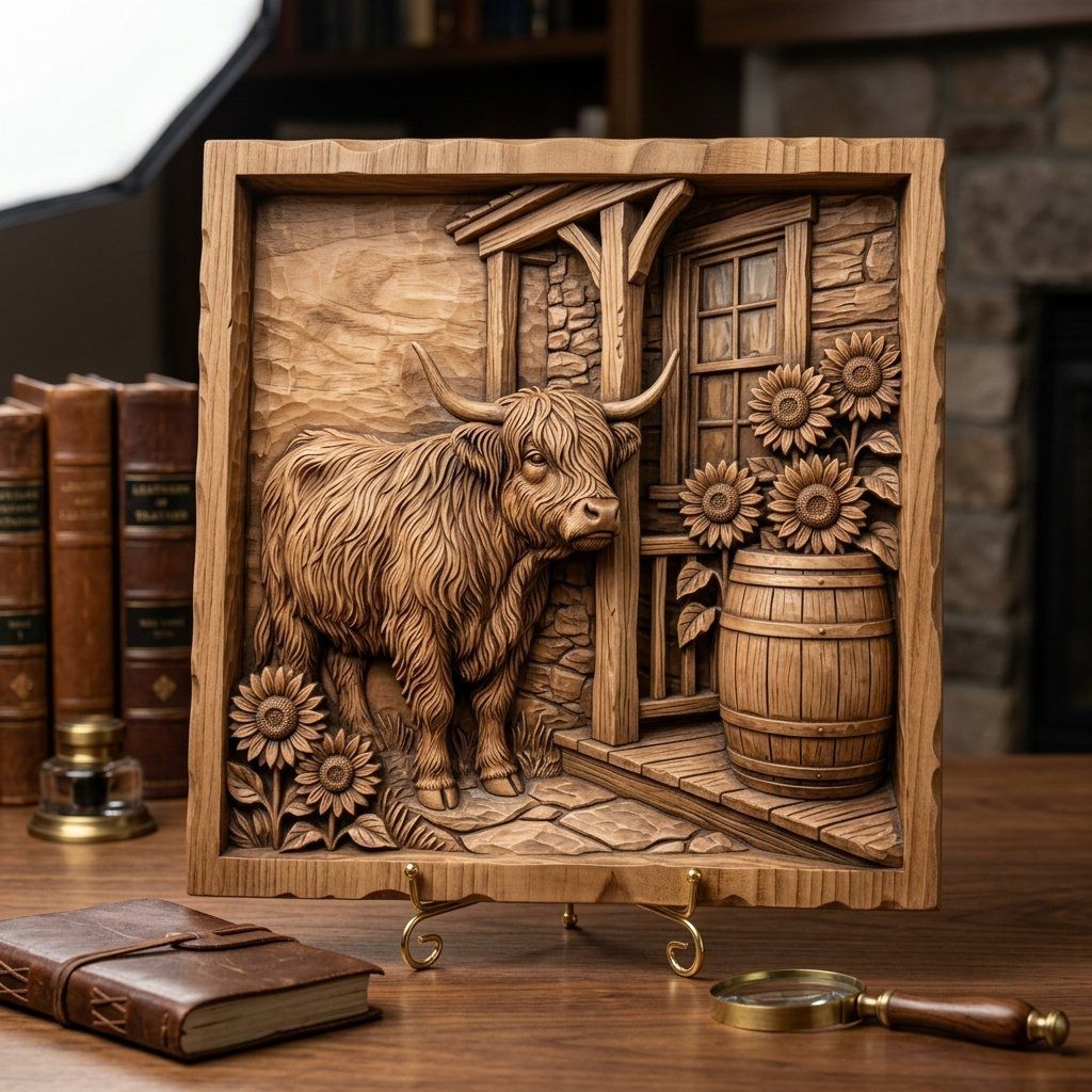 Rustic Highland Cow Sunflower Scene CNC Relief STL bas-relief STL — view 4