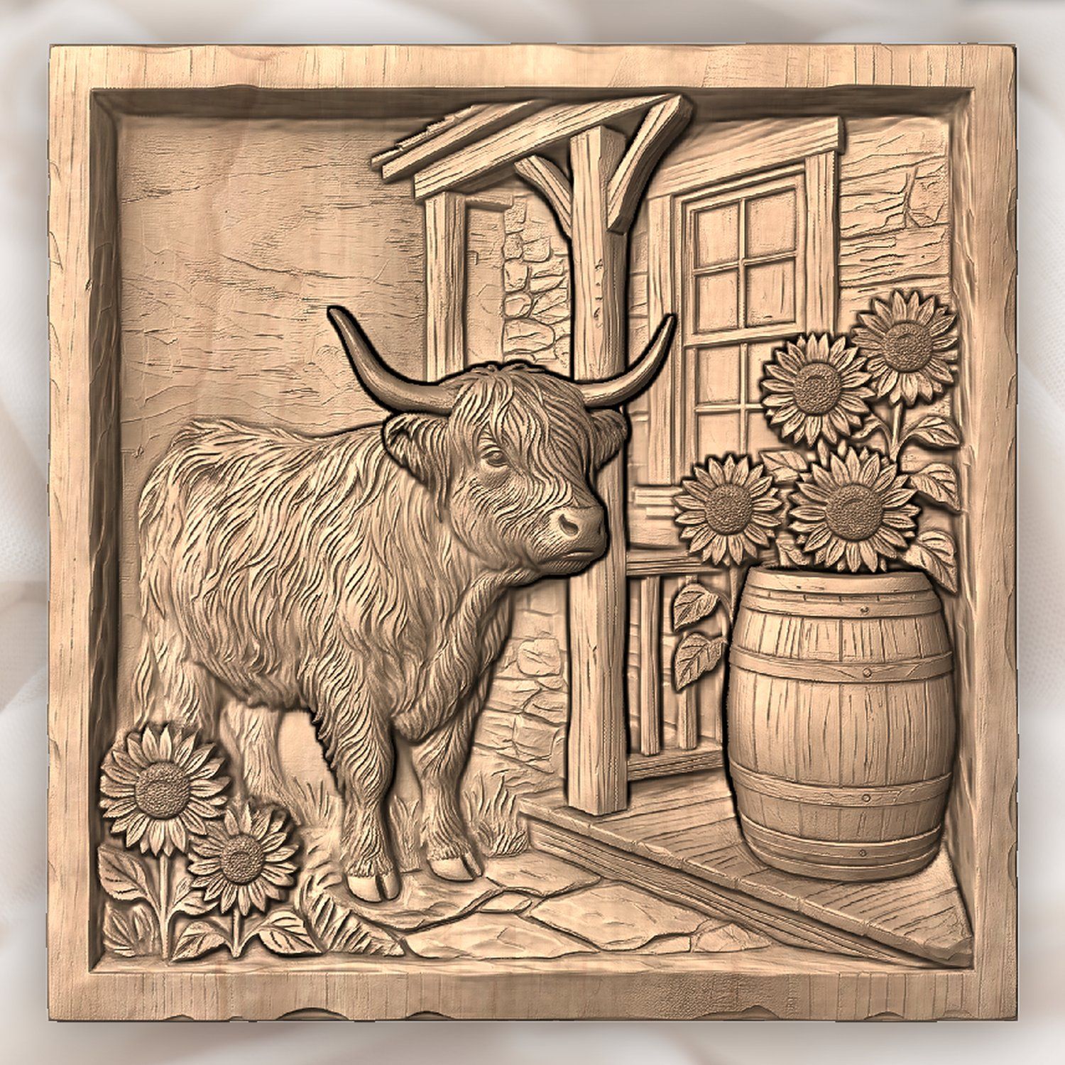 Rustic Highland Cow Sunflower Scene CNC Relief STL bas-relief STL — view 3