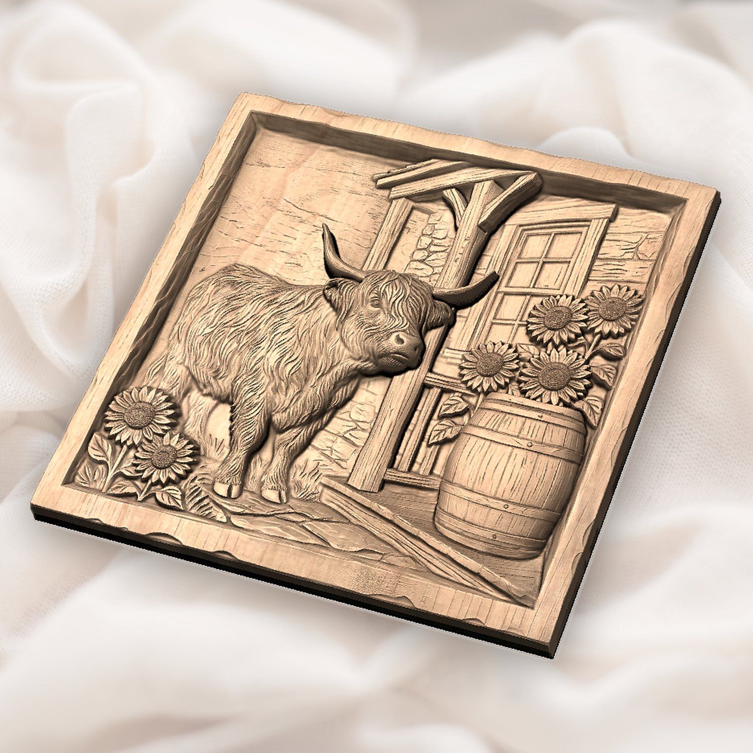 Rustic Highland Cow Sunflower Scene CNC Relief STL bas-relief STL — view 5