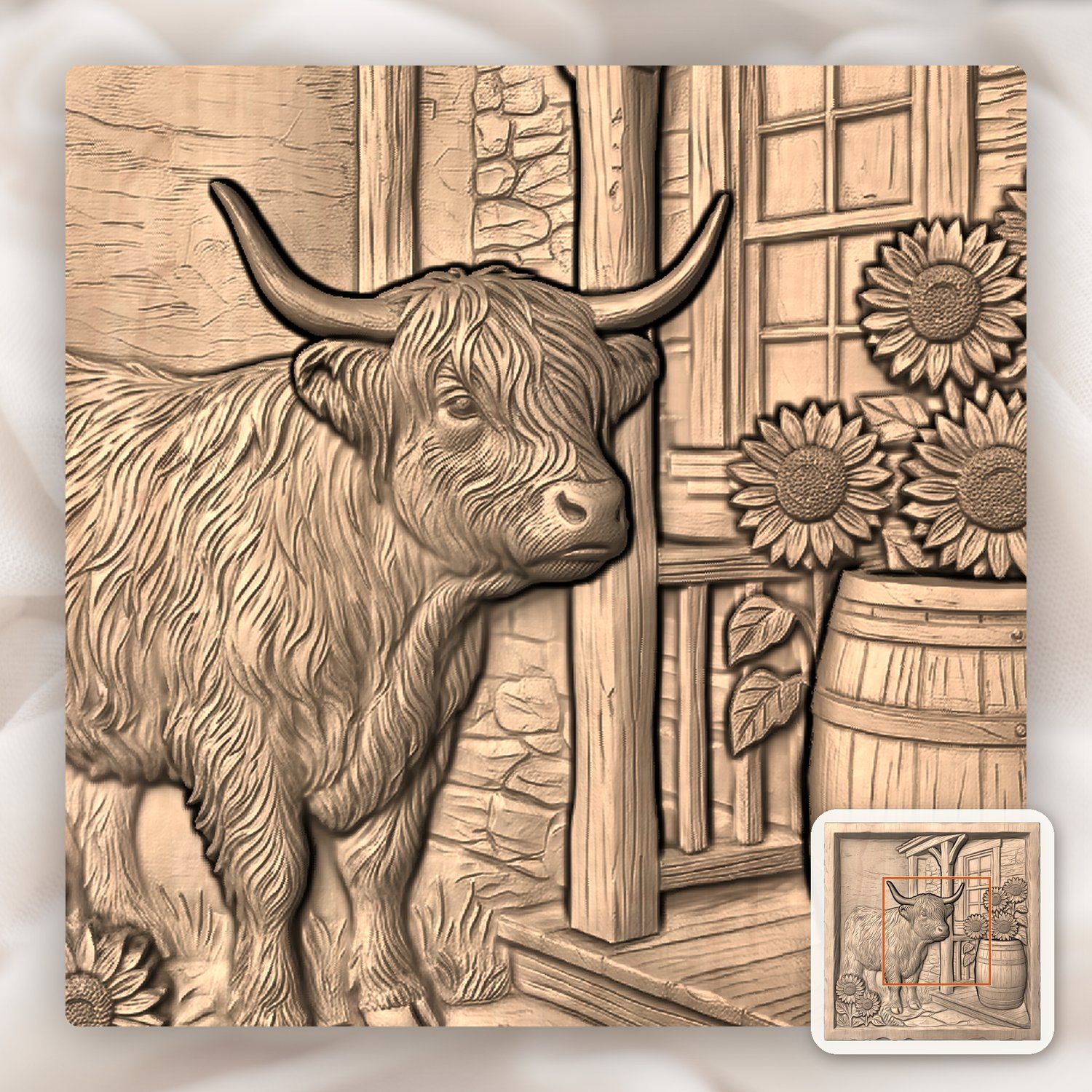 Rustic Highland Cow Sunflower Scene CNC Relief STL bas-relief STL — view 6