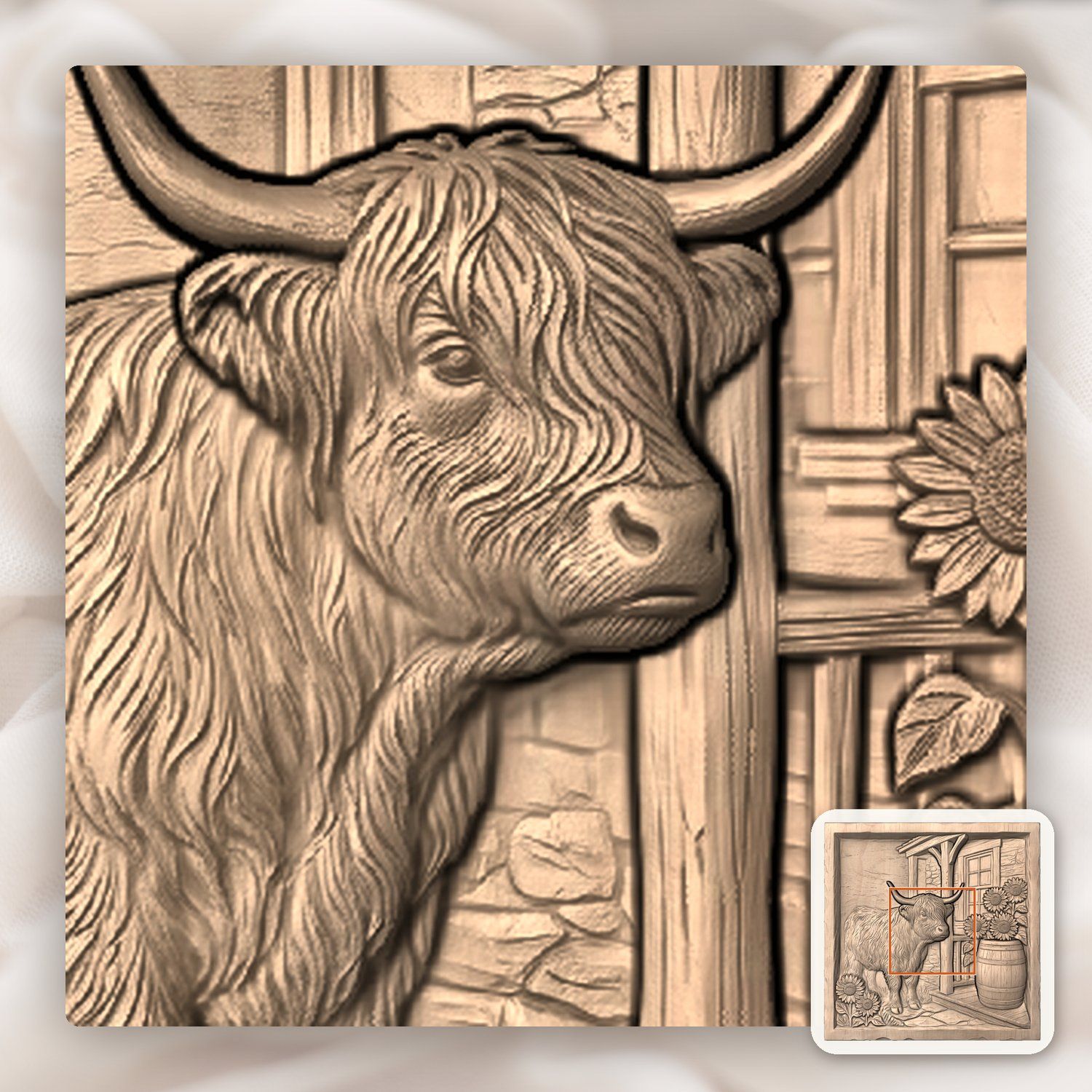 Rustic Highland Cow Sunflower Scene CNC Relief STL bas-relief STL — view 7