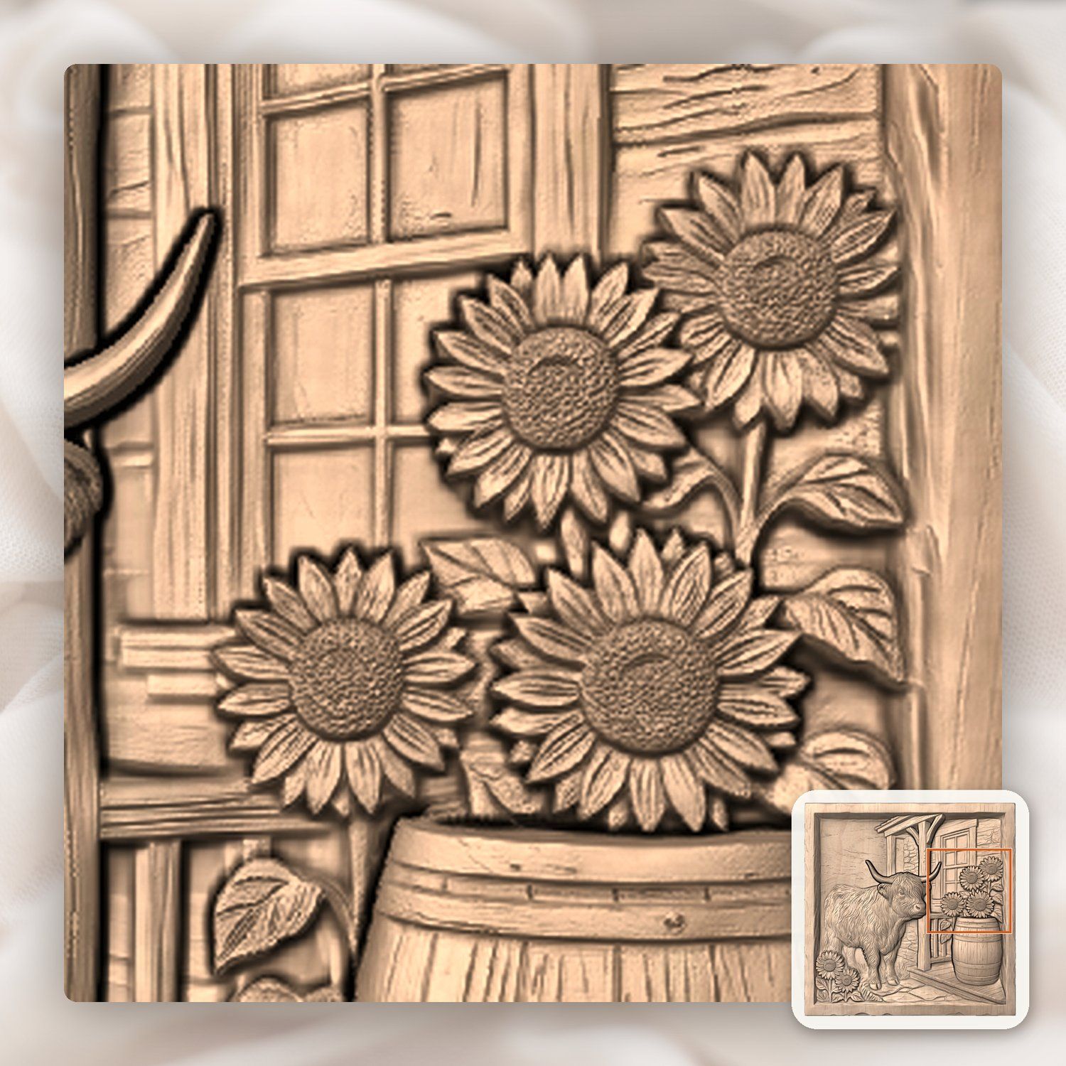 Rustic Highland Cow Sunflower Scene CNC Relief STL bas-relief STL — view 8