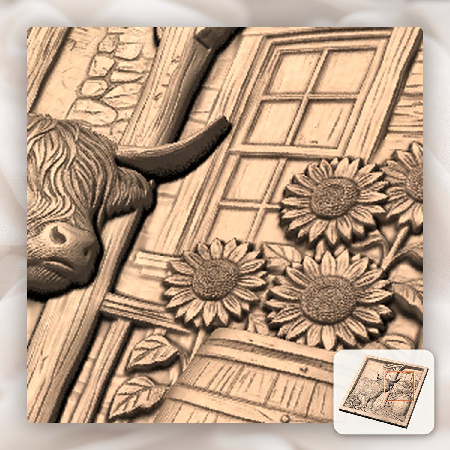 Rustic Highland Cow Sunflower Scene CNC Relief STL bas-relief STL — view 9