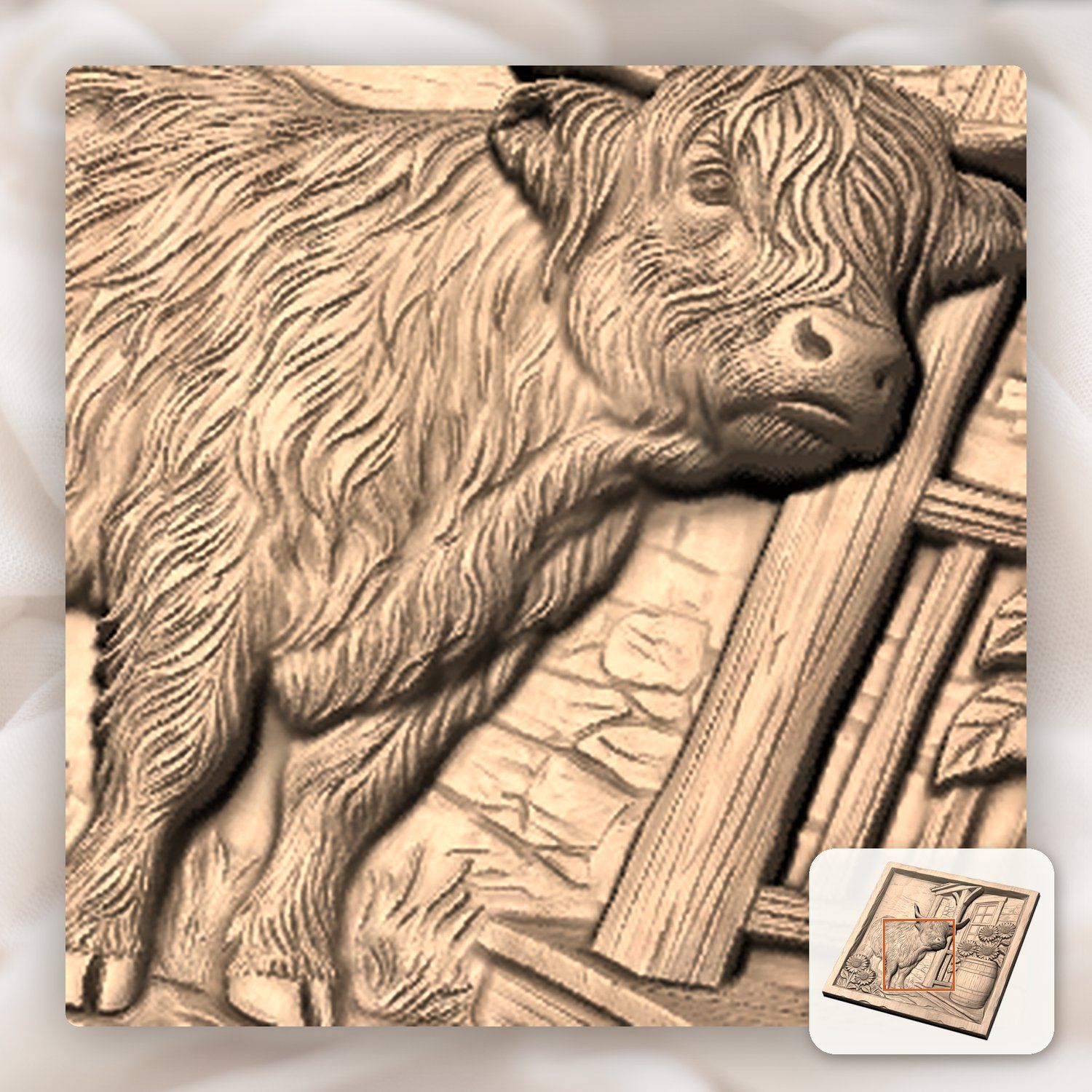 Rustic Highland Cow Sunflower Scene CNC Relief STL bas-relief STL — view 10