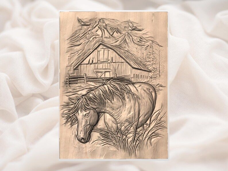 Grazing Horse and Mountain Barn Bas-Relief STL Carving File bas-relief STL — view 2