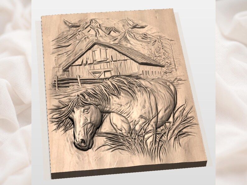 Grazing Horse and Mountain Barn Bas-Relief STL Carving File bas-relief STL — view 3