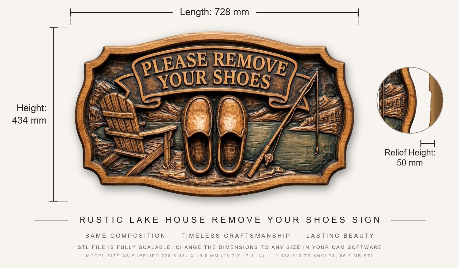 Rustic Lake House Remove Your Shoes Sign CNC Relief STL bas-relief STL — view 3