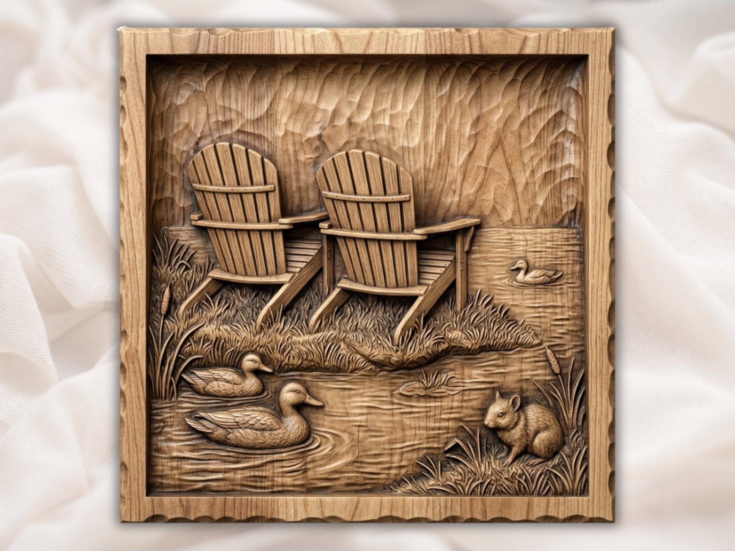 Rustic Lakeside Retreat Wall Art | Adirondack Chairs Nature Scene | Wildlife Wood Carving Panel | Cabin Decor Relief — carved bas relief STL file for CNC