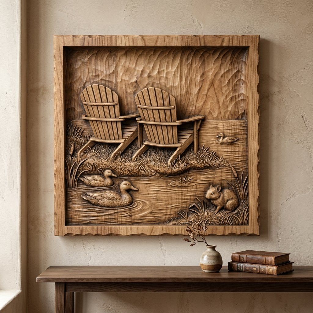 Rustic Lakeside Retreat Wall Art bas-relief STL — view 5