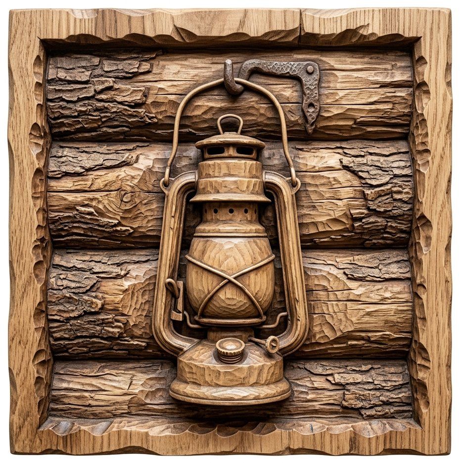 Rustic Lantern Wood Wall Art Panel | Vintage Kerosene Lamp Relief | Cabin Decor CNC Carving Design | Aspire VCarve Pro Carveco ArtCAM — carved bas relief STL file for CNC